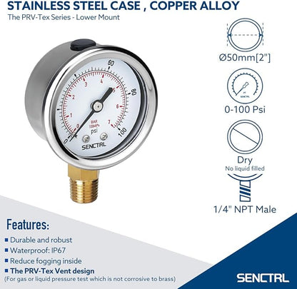 SENCTRL 0-100 Psi Pressure Gauge, 2" Dial Size, 1/4 NPT Lower Mount, Waterproof, Stainless Steel Case, for Water Filter Well Pump Air Tire Low Pressure Test