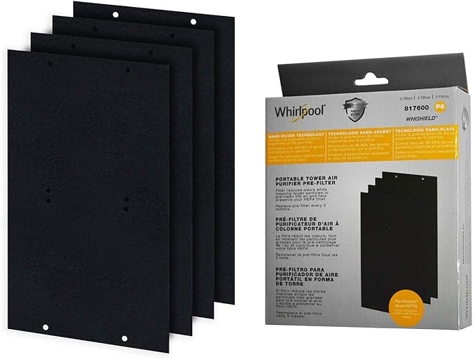Whirlpool 817600 Genuine Charcoal Pre-Filter - Whishield Activated Replacement Fit Air Purifier Portable Tower WPT60, Medium 4 Pack