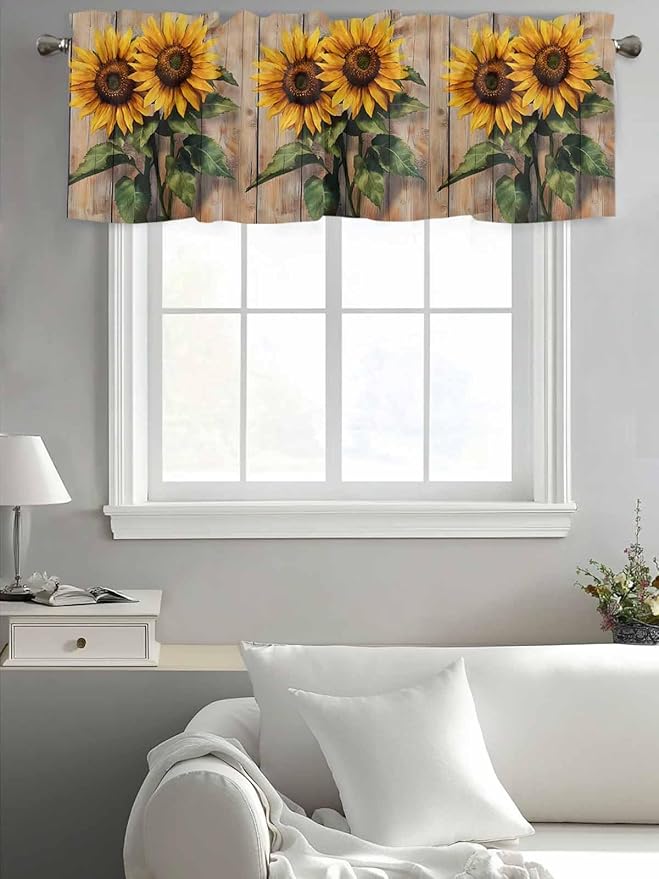 Kitchen Valances for Window, Watercolor Sunflower Retro Board Light Filtering Rod Pocket Valance Curtain, Farm Brown Wood Grain Short Curtains Window Topper for Bedroom Bathroom Living Room 54x18in