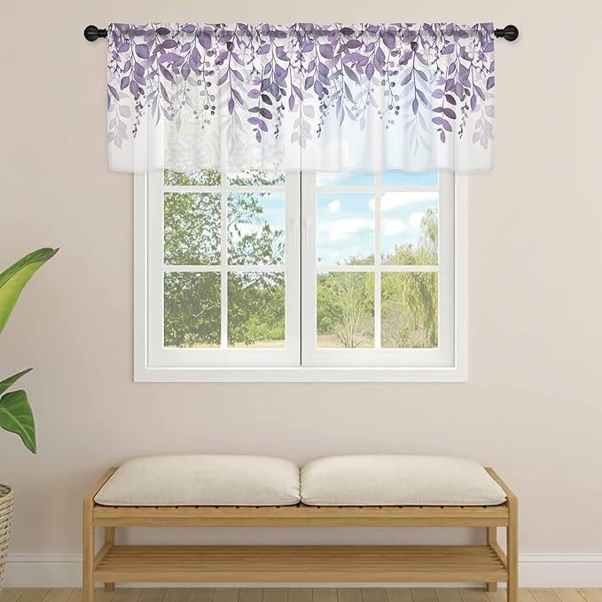 Eucalyptus Leaves Sheer Valance Curtains, Purple Leaves Idyllic Winds Farmhouses Light Filtering Kitchen Valances Rod Pocket Voile Curtain Window Treatment for Bedroom/Living Room/Basement 42Wx12L