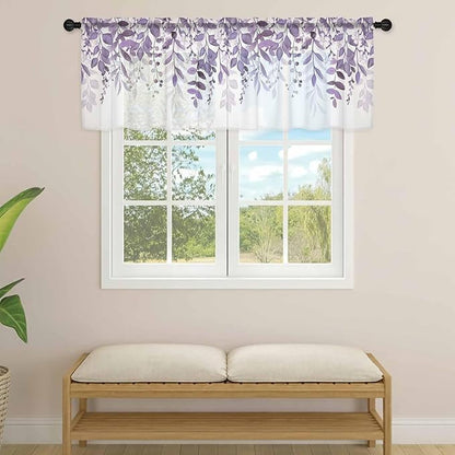 Eucalyptus Leaves Sheer Valance Curtains, Purple Leaves Idyllic Winds Farmhouses Light Filtering Kitchen Valances Rod Pocket Voile Curtain Window Treatment for Bedroom/Living Room/Basement 42Wx12L