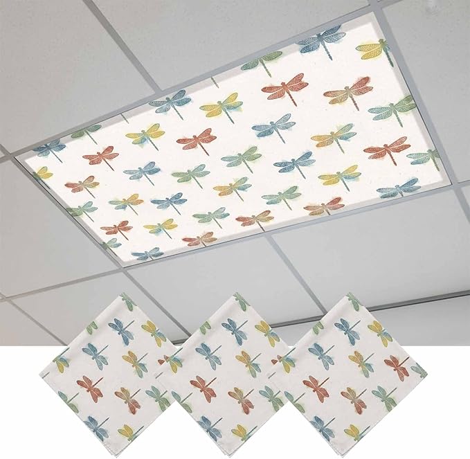 Fluorescent Light Covers for Ceiling Lights Watercolor Dragonfly Magnetic Light Filters 3 Pack 4x2 ft Colorful Linen Ceiling Lights Cover for Classroom Office School Home Drop Lamp Decor