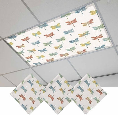 Fluorescent Light Covers for Ceiling Lights Watercolor Dragonfly Magnetic Light Filters 3 Pack 4x2 ft Colorful Linen Ceiling Lights Cover for Classroom Office School Home Drop Lamp Decor