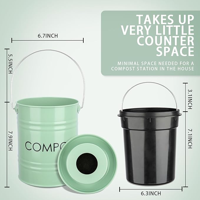 Vipush Compost Bin Kitchen Countertop Composter with lid – Small Compost ContainerI Includes Inner Compost Bucket Liner & Charcoal Filter, Green