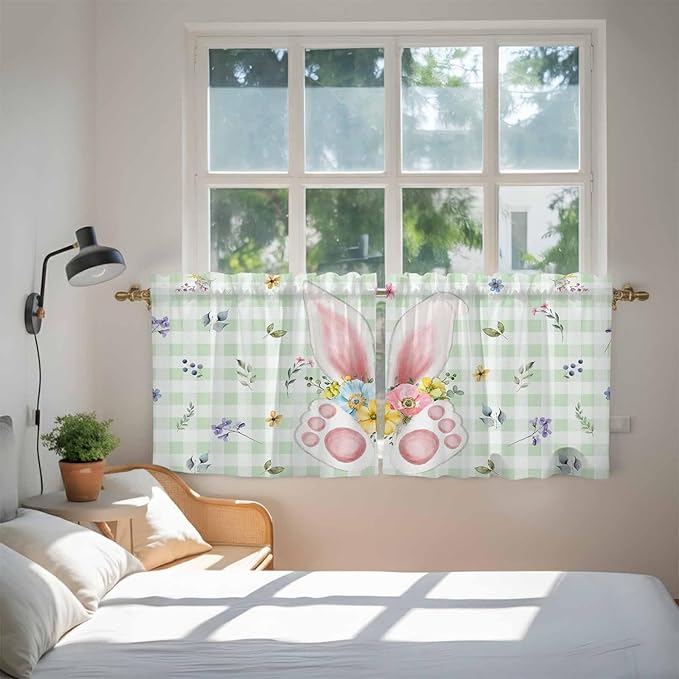 Easter Kitchen Tier Curtains 36 Inch Long 2 Panel Set,Rod Pocket Half Window Curtains Over Sink,Spring Bunny Ears Feet Flowers Green Plaid Light Filtering Short Drapes for Bathroom Cafe 27.5"W x 36"L