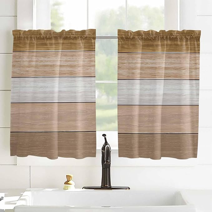 Retro Farm Wood Board Window Valance Curtains, Brown Graduality Striped Light Filtering Kitchen Valance with 3-inch Rod Pocket for Living Room Bathroom Bedroom,2 Panel,42x45In