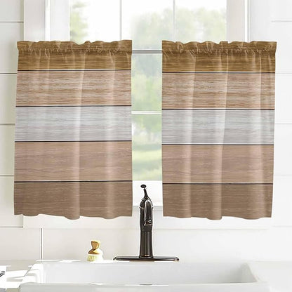 Retro Farm Wood Board Window Valance Curtains, Brown Graduality Striped Light Filtering Kitchen Valance with 3-inch Rod Pocket for Living Room Bathroom Bedroom,2 Panel,42x45In