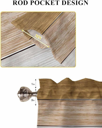 Retro Farm Wood Board Window Valance Curtains, Brown Graduality Striped Light Filtering Kitchen Valance with 3-inch Rod Pocket for Living Room Bathroom Bedroom,2 Panel,42x45In