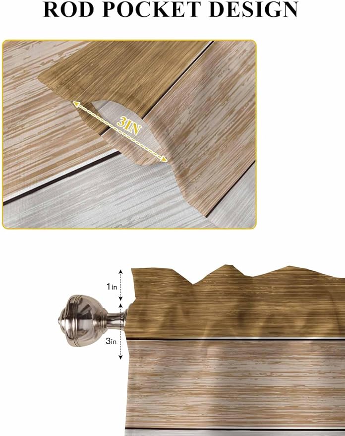 Retro Farm Wood Board Window Valance Curtains, Brown Graduality Striped Light Filtering Kitchen Valance with 3-inch Rod Pocket for Living Room Bathroom Bedroom,2 Panel,27.5x36In