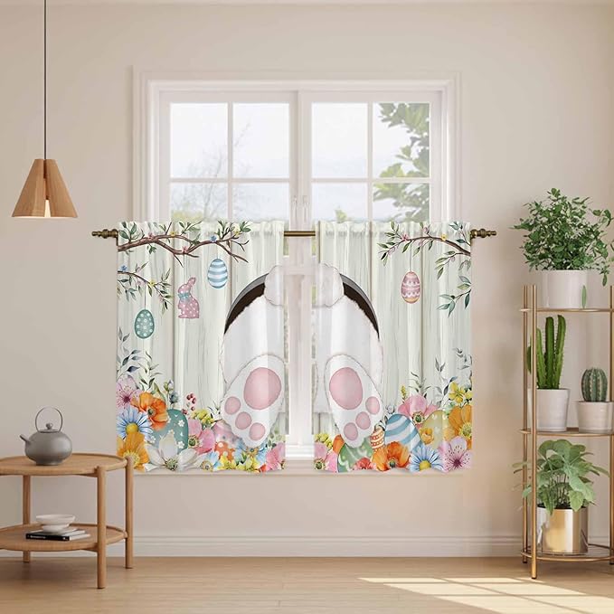 Easter Kitchen Tier Curtains 45 Inch Long 2 Panel Set,Rod Pocket Short Window Treatment,Spring Farmhouse Watercolor Bunny Eggs Wood Grain Light Filtering Curtains & Drapes for Bathroom 27.5"W x 45"L