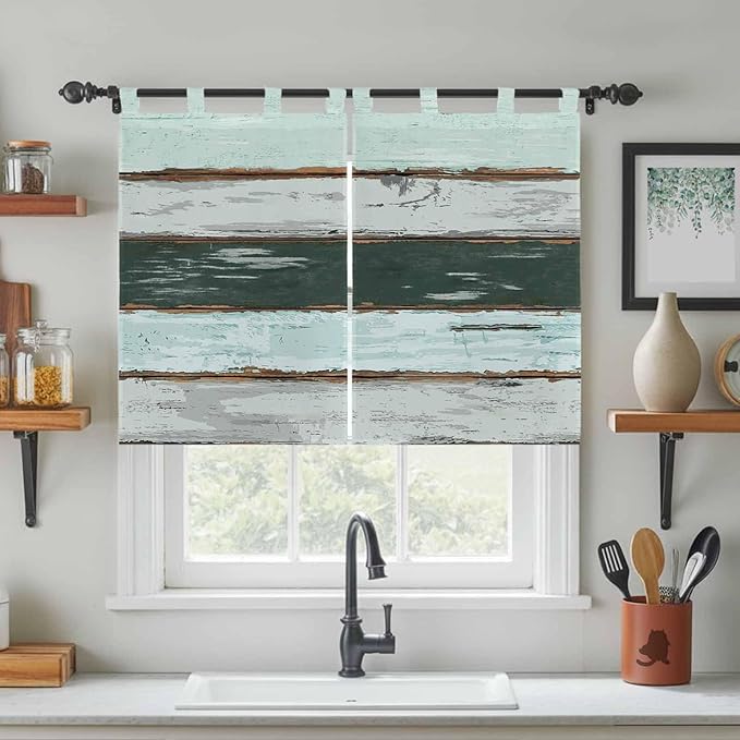 Blue Teal Bedroom Curtains 63 Inch Length, Window Curtains Tab Top, Vintage Wooden Retro Art Farmhouse Barns Light Filtering Window Treatments Drapes 42"x63" 2 Panel
