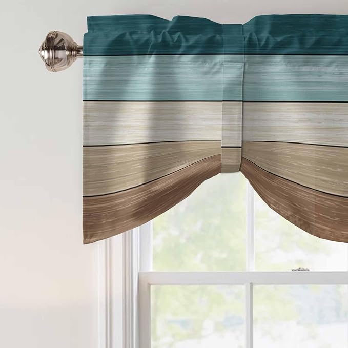 Teal Brown Tie Up Valance Curtains for Windows, Kitchen Curtains Window Shades, Farmhouse Vintage Abstract Wooden Grain Light Filtering Roman Curtain Valances for Bedroom/Bathroom/Cafe 42"x18"