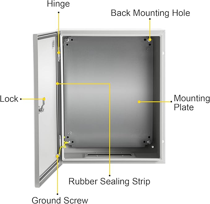 VEVOR NEMA Steel Enclosure, 20 x 16 x 10'' NEMA 4X Steel Electrical Box, IP66 Waterproof & Dustproof, Outdoor/Indoor Electrical Junction Box, with Mounting Plate