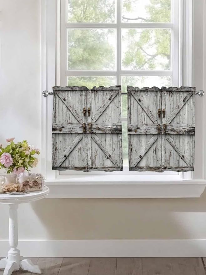 Vintage Gate Half Window Curtains 24 Inches Long, Farmhouse Wooden Grain Shabby Chic Door Window Treatment Curtain Drapes, Short Curtains Tiers for Kitchen Over Sink, 27.5"x24", 2 Panels