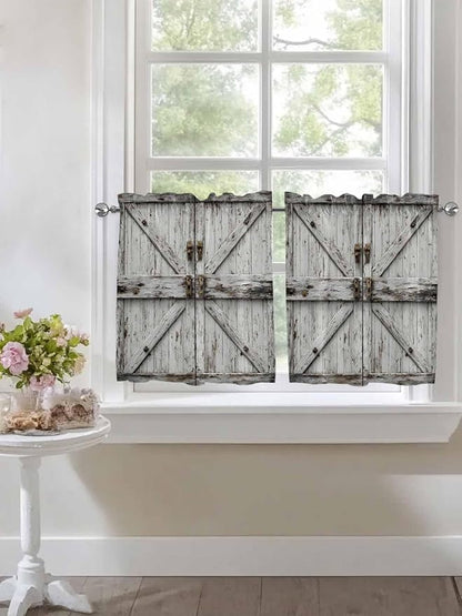 Vintage Gate Half Window Curtain 36 Inches Long, Farmhouse Wooden Grain Shabby Chic Door Window Treatment Curtain Drapes, Small Tier Curtains for Bathroom Over Sink, 27.5"x36", 2 Panels