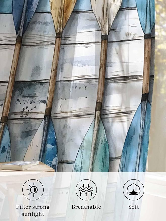 Sheer Curtains 84 Inches Long, Lake Paddle Striped Semi Sheer Curtains Light Filtering Window Treatment, Watercolor Vintage Wood Grain Privacy Voile Drapes for Living Room Bedroom 52x84 Inch