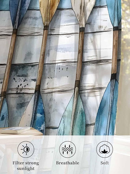 Sheer Curtains 45 Inch Length, Lake Paddle Striped Semi Sheer Curtains Light Filtering Window Treatment, Watercolor Vintage Wood Grain Privacy Voile Drapes for Living Room Bedroom 52x45 Inch