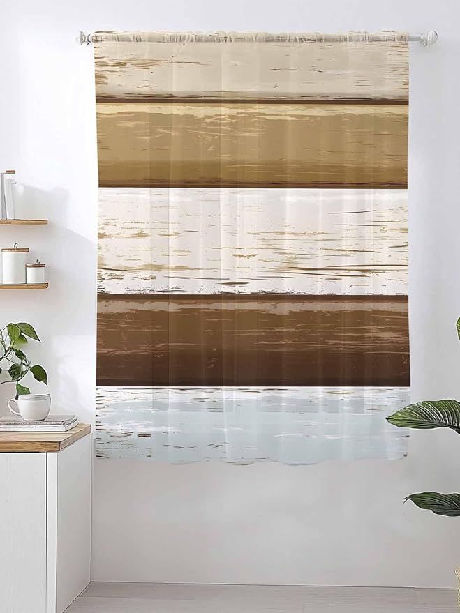 Sheer Curtains 63 Inch Length, Wood Grain Brown Semi Sheer Curtains Light Filtering Window Treatment, Farmhouse Vintage Country Geometric Privacy Voile Drapes for Living Room Bedroom 52x63 Inch