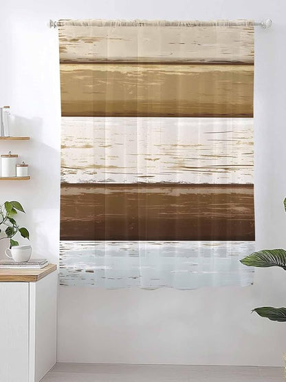 Sheer Curtains 63 Inch Length, Wood Grain Brown Semi Sheer Curtains Light Filtering Window Treatment, Farmhouse Vintage Country Geometric Privacy Voile Drapes for Living Room Bedroom 52x63 Inch