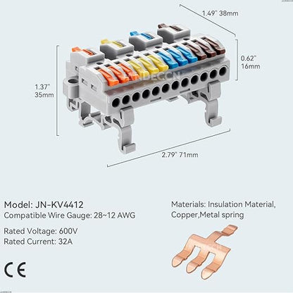 4pcs DIN Rail Terminal Blocks, DIY Splicing Wire Connectors for Circuit Inline 28-12AWG (4 in 12 Out)