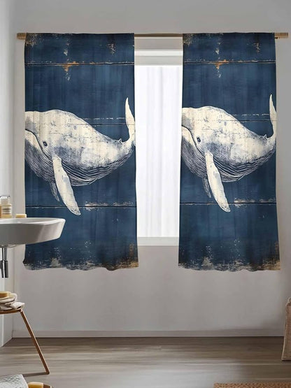 Sheer Curtains 72 Inches Long, Ocean Vintage Whale Semi Sheer Curtains Light Filtering Window Treatment, Summer Retro Wood Grain Privacy Voile Drapes for Living Room Bedroom 52x72 Inch