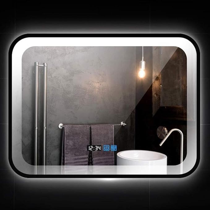 Bathroom Mirror with LED Light and Demister Pad Wall Mounted Mirror Makeup Shaving Mirror Smart Touch Switch (Black 700 * 900mm)