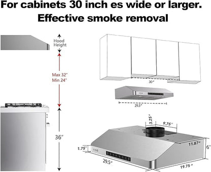30 Inch Under Cabinet Range Hood, 980CFM Fast Venting Ducted, Kitchen Hood With 3 Speed Gesture Sensing & Touch Control, Stainless Steel Stove Hood With LED Light And 2 Baffle Filters
