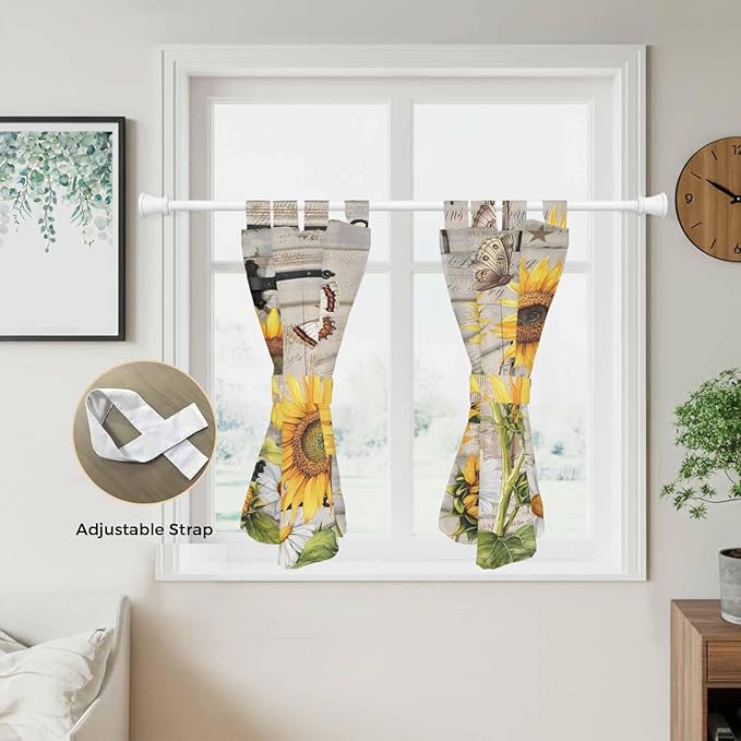 Farm Flowers Bedroom Curtains 63 Inch Length, Window Curtains Tab Top, Retro Sunflowers Barn Doors Butterfly Wood Board Light Filtering Window Treatments Drapes 42"x63" 2 Panel