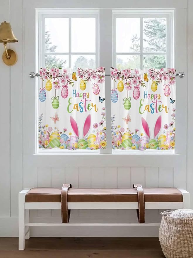 Happy Easter Half Window Curtain 36 Inches Long, Spring Watercolor Bunny Eggs Flower Branch Window Treatment Curtain Drapes, Small Tier Curtains for Bathroom Over Sink, 27.5"x36", 2 Panels