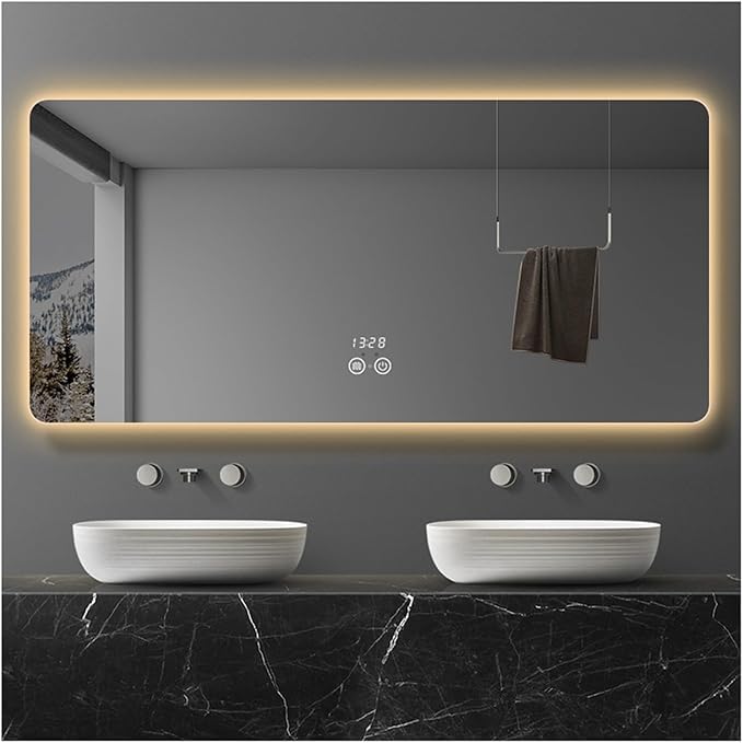 Illuminated LED Bathroom Mirror，Smart Lighted Bathroom Mirror for Wall，Smart Modern Bathroom Vanity Mirror，Waterproof，Shatterproof，with Touch Sensor/Dimming/Demister pad(H70*W90cm/H27.6*W35.4IN)