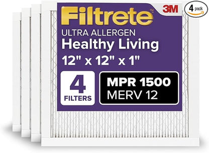 Filtrete 12x12x1 AC Furnace Air Filter, MERV 12, MPR 1500, CERTIFIED asthma & allergy friendly, 3 Month Pleated 1-Inch Electrostatic Air Cleaning Filter, 4-Pack (Actual Size 11.81x11.81x0.78 in)