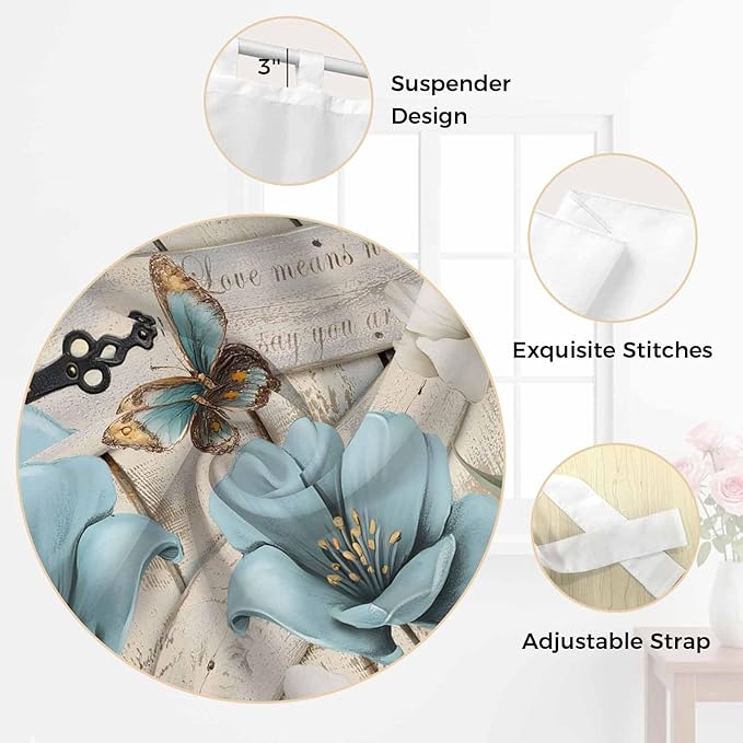 Teal Blue Tulips Bedroom Curtains 72 Inch Length, Window Curtains Tab Top, Spring Floral Barn Doors Vintage Wood Beige Light Filtering Window Treatments Drapes 52"x72" 2 Panel