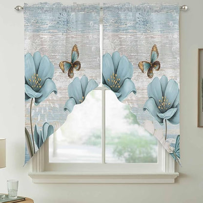 Spring Floral Swag Valances for Windows, Vintage Tulips Flower Butterfly Retro Wood Blue Rod Pocket Kitchen Curtains Valance, Kitchen Window Curtains Swag for Cafe Living Room, 2 Panels, 36x45 inch