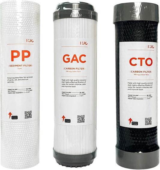 3 Stage RO Water Filter Replacement Set - Sediment + GAC + CTO Post Carbon, 3 filters in a Set fit most 10“ RO water system, 10x2.5 inch, natural Cocoanut active charcoal filters