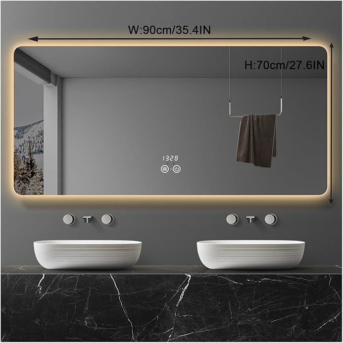 Illuminated LED Bathroom Mirror，Smart Lighted Bathroom Mirror for Wall，Smart Modern Bathroom Vanity Mirror，Waterproof，Shatterproof，with Touch Sensor/Dimming/Demister pad(H70*W90cm/H27.6*W35.4IN)