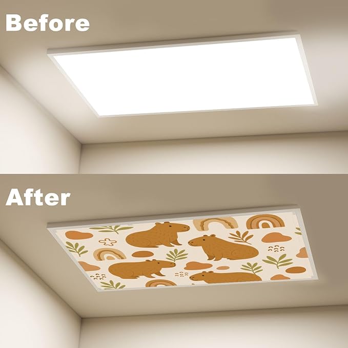 4 Pcs Fluorescent Light Covers for Ceiling Lights Cute Capybara Gifts Rainbows Leaves Abstract Shapes Earth Tones Decorative Magnets Light Filters for Office Home Classroom Must Haves 4’ x 2’