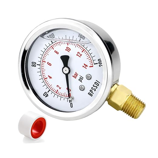 0-200 Psi Glycerin Liquid Filled Low Pressure Gauge, 2.5" Dial Size, 1/4" G Lower Mount, 304 Stainless Steel Case, for Water Pipe, HVAC, Water Oil Air Pressure Test