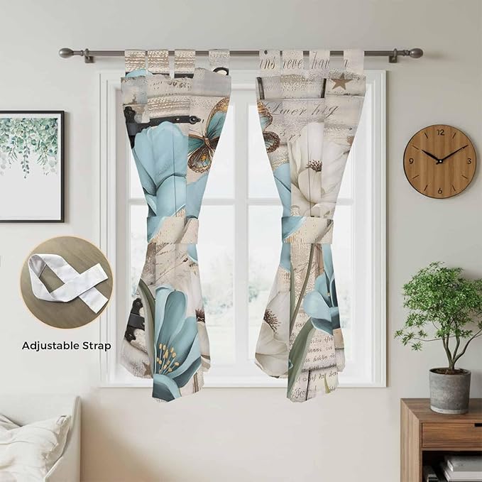 Teal Blue Tulips Bedroom Curtains 72 Inch Length, Window Curtains Tab Top, Spring Floral Barn Doors Vintage Wood Beige Light Filtering Window Treatments Drapes 52"x72" 2 Panel