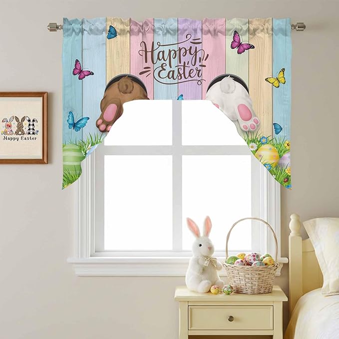 Swag Valance Curtains, Happy Easter Rabbit Butt Egg on Daisy Leaf Rod Pocket Valances Swag Topper for Kitchen Windows, Bufferfly on Wood Barn Light Filtering Short Curtain for Bedroom Bathroom 56x36In