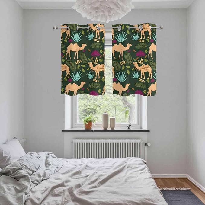 2 Panel Kitchen Cafe Curtains, Retro Desert Camel Sunlight Filtering Nature Air Through, Window Decor Tier Curtains for Living Room 55W x 39L inch Tropical Animal Aloe Vera Leaves Dark Green