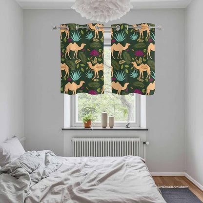 2 Panel Kitchen Cafe Curtains, Retro Desert Camel Sunlight Filtering Nature Air Through, Window Decor Tier Curtains for Living Room 55W x 39L inch Tropical Animal Aloe Vera Leaves Dark Green