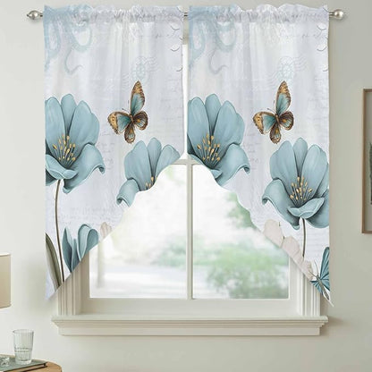 Blue Tulips Swag Valances for Windows, Watercolor Flowers Butterfly Spring Farmhouse Blue Rod Pocket Kitchen Curtains Valance, Kitchen Window Curtains Swag for Cafe Living Room, 2 Panels, 36x45 inch