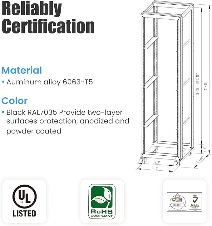 Raising Electronics Server Rack Open Frame Rack 4 Post 19 inch Adjustable Server/Audio Rack Cold Rolled Steel(42U,17Depth)