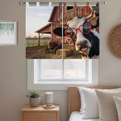 Farm Cows Bedroom Curtains 63 Inch Length, Window Curtains Tab Top, Farmhouse Barn Funny Animals Butterfly Light Filtering Window Treatments Drapes 42"x63" 2 Panel