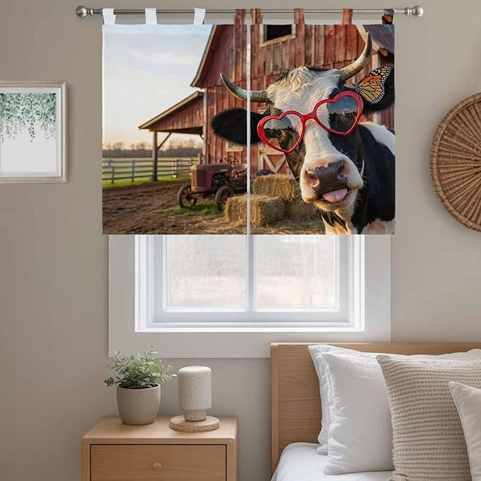 Farm Cows Kitchen Curtains 45 Inch Length, Short Cafe Window Curtains Tab Top, Farmhouse Barn Funny Animals Butterfly Light Filtering Window Treatments Tier Drapes 27.5"x45" 2 Panel