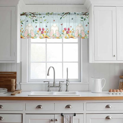Easter Sheer Valances for Windows 60"x18", Light Filtering Kitchen Curtains Valance, Spring Watercolor Eggs Tulip Wooden Grain Teal Rod Pocket Chiffon Curtains for Living Room Bedroom Cafe