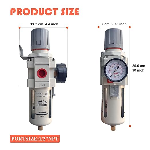 RIH Pneumatics 1/2"NPT Air Filter Pressure Regulator Combo Piggyback, 5 Micron Brass Element, Poly Bowl, Semi-Auto Drain, Metal Bracket, 0-150 psi Gauge Air Tool Compressor Filter with Gauge (1/2"NPT)