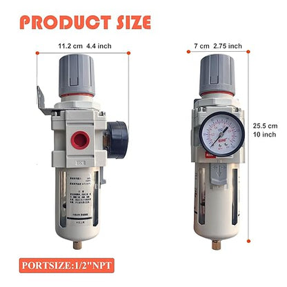 RIH Pneumatics 1/2"NPT Air Filter Pressure Regulator Combo Piggyback, 5 Micron Brass Element, Poly Bowl, Semi-Auto Drain, Metal Bracket, 0-150 psi Gauge Air Tool Compressor Filter with Gauge (1/2"NPT)