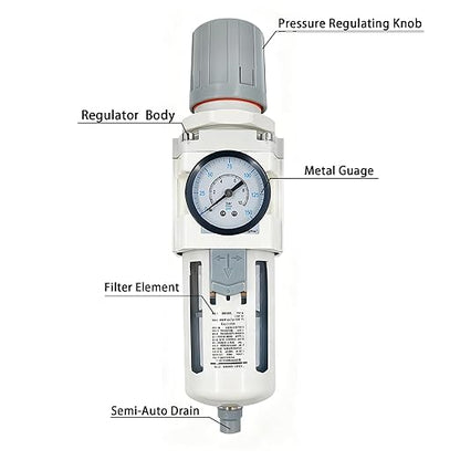 XingNEeng 3/8" NPT Compressed Air Filter Regulator Combo Piggyback, Water/Oil Trap Separator with Pressure Gauge(0-150 psi), Semi-Auto Drain, Poly Bowl, 5 Micron Brass Element, Metal Bracket