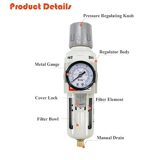 RIH 3/8"NPT Air Filter Pressure Regulator Combo Piggyback, 5 Micron Brass Element, Poly Bowl, Semi-Auto Drain, Metal Bracket, 0-150 psi Gauge Air Tool Compressor Filter with Gauge (3/8"NPT)